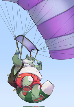 4_toes anthro backpack bottomwear claws clothing feet feral fur green_body green_fur looking_at_viewer male navel nipples overweight overweight_male parachute pawpads shorts sky slightly_chubby slightly_chubby_anthro slightly_chubby_male smile smiling_at_viewer solo toe_claws toes fluffels19 fred_(fredrick_brennan) mammal procyonid raccoon digital_media_(artwork) hi_res shaded