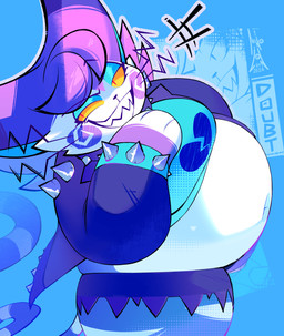 anthro big_breasts black_eyebrows black_nose blue_background blue_clothing blue_crop_top blue_eyeshadow blue_shirt blue_topwear bottomwear bracelet breasts broken_heart cheek_markings cheek_spiral clothing crop_top curled_tail deep_navel emanata eyebrow_through_hair eyebrows eyeshadow facial_markings female fur gloves_(marking) hair half-closed_eyes head_markings high-angle_view huge_thighs jewelry laugh makeup markings midriff narrowed_eyes navel obese obese_anthro obese_female overweight overweight_anthro overweight_female pupils purple_hair red_eyes shirt shorts side_view simple_background slit_pupils solo spiked_bracelet spiked_jacket spikes striped_body striped_fur striped_markings striped_tail stripes tail tail_markings text thick_thighs toothy_grin topwear torn_bottomwear torn_clothing torn_shorts translucent translucent_hair whiskers yellow_sclera manolon nintendo pokemon doubt_(merrilune) generation_4_pokemon pokemon_(species) purugly 2026 character_name dated hi_res signature