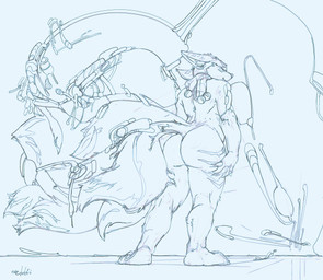 anthro butt ears_back inner_ear_fluff leg_markings male male_anthro markings mouth_closed narrowed_eyes nude pivoted_ears rear_view solo standing tuft oselotti vulfe_(hackencraft) canid canine mammal 2025 absurd_res hi_res monochrome signature sketch