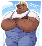 2024 absurd_res animal_crossing anthro armor belly big_belly brown_body clothing cloud english_text eulipotyphlan hard_hat headgear helmet hi_res humanoid_hands male mammal mole_(animal) mr._resetti nintendo overalls overweight overweight_male shirt solo stompsthecroc text topwear