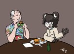 aloha_shirt anthro beef black_hair bottle burger cheese clothing container dairy_products duo eating elbows_on_table eyes_closed female food fries furniture grey_background grey_hair hair holding_burger holding_food holding_object lettuce male meat pattern_clothing pattern_shirt pattern_topwear paws plant shirt simple_background smile table topwear vegetable white_body str8aura-no-not-that-one jimmy_buffett ken_ashcorp bear giant_panda human mammal hi_res signature