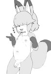 anthro balls blush femboy fist flaccid genitals hair hair_over_eyes hand_sign happy male nipples open_mouth penis simple_background solo tail text vein veiny_penis white_background young young_anthro young_male akaighoul canid canine fox mammal 2024 hi_res japanese_text monochrome translated