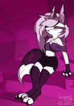 annoyed anthro bed clothing female furniture handwear legwear on_bed solo stockings muffinlicious helluva_boss mythology loona_(helluva_boss) canid canid_demon canine demon hellhound mammal mythological_canine mythological_creature hi_res