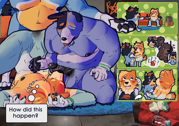anal anal_penetration anthro anthro_on_anthro anthro_penetrated anthro_penetrating anthro_penetrating_anthro backwards_baseball_cap backwards_hat baseball_cap blush bodily_fluids brother_penetrating_brother clothing comic_panel controller drooling flashback genitals group group_sex handjob hat headgear headwear holding_both_ankles holding_both_legs kneeling licking male male/male male_penetrated male_penetrating male_penetrating_male nipples oral overweight overweight_male paws penetration penile penile_penetration penis penis_lick saliva sex thought_bubble threesome tongue wristband avalath_tiger bluey_(series) bandit_heeler fido_(bluey) radley_heeler stripe_heeler australian_cattle_dog canid canine canis cattledog domestic_dog herding_dog mammal pastoral_dog absurd_res hi_res brother_(lore) brothers_(lore) incest_(lore) sibling_(lore)