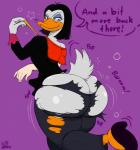 anthro big_butt bill_(anatomy) black_hair butt butt_expansion clothing expansion eyeshadow feathers female gender_transformation hair huge_butt magic makeup mtf_transformation smile solo standing text tf_into_fictional_character torn_clothing transformation white_body white_feathers sutibaru disney ducktales magica_de_spell anatid anseriform avian bird duck 2016 english_text hi_res