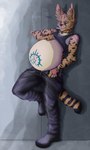 anthro bottomwear cigarette clothing leaning_against_wall male pants pregnant pregnant_anthro pregnant_male shirt solo standing tank_top tattoo topwear womb_tattoo the-narutoshi felid feline mammal serval hi_res