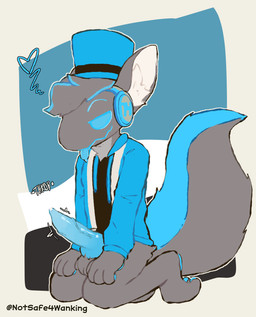 animal_genitalia animal_penis anthro balls bodily_fluids canine_genitalia canine_penis clothed clothing erection fur genital_fluids genitals hair hat headgear headwear knot looking_at_viewer machine male penis screen screen_face simple_background smile solo tail tongue tongue_out top_hat notsafeforwanking fan_character canid canine mammal protogen absurd_res digital_media_(artwork) hi_res