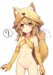 blonde_hair blush bottomless breasts claws clothed clothing female fur genitals hair looking_at_viewer navel partially_clothed pussy question_mark red_eyes smile solo standing white_body white_fur yellow_body yellow_fur 3.14_(pixiv) ragnarok_online moonlight_flower animal_humanoid canid canid_humanoid canine canine_humanoid fox fox_humanoid humanoid mammal mammal_humanoid 2017