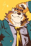 anthro brown_body brown_fur clothing eyewear fur low-angle_view male necktie solo suit sunglasses heylaw21 lifewonders live_a_hero barrel_(live_a_hero) canid canine canis mammal wolf absurd_res hi_res