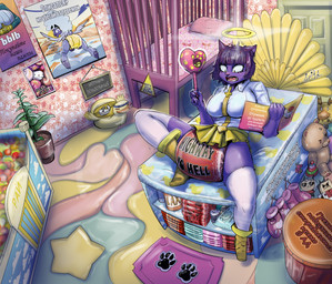 abdl anthro baby_cot big_diaper cat_stockings cat_tail changing_table clothed clothing cross diaper easter_egg female halo holidays humiliation humor inverted_cross orange_eyes paddle purple_body rattle solo text wearing_diaper arita_tian easter hellaverse helltaker helluva_boss azazel_(helltaker) collin_(helluva_boss) domestic_cat felid feline felis mammal absurd_res hi_res russian_text translation_check translation_request