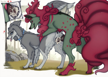 animal_genitalia animal_penis animal_vulva anus balls black_anus black_claws black_penis black_vulva blue_collar blue_eyes bodily_fluids canine_genitalia canine_penis canine_vulva claws collar cum cum_in_vagina cum_inside duo female feral fur genital_fluids genitals green_body green_fur grey_body grey_fur grey_tail heart_symbol male male/female penetration penis red_balls red_tail tail tail_anus tongue tongue_out vaginal vaginal_penetration vulva whiskers yellow_eyes a.o.kigahara_(artist) taka_(artist) nintendo pokemon basculegion canid canine canis domestic_dog generation_1_pokemon generation_8_pokemon hybrid mammal ninetales pokemon_(species) artist_collaboration hi_res