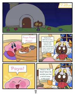 2_horns 4_eyes ambiguous_gender bed building container cookie cup dark_body dark_skin dialogue duo fangs flower food furniture grey_hair hair horn house multi_eye night open_mouth open_smile pink_body plant plate smile star teeth text window kittipaws kirby_(series) nintendo kirby taranza arachnid arthropod spider spidr waddling_head absurd_res comic english_text hi_res