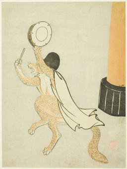 4_toes 5_fingers ambiguous_anthro ambiguous_gender anthro asian_clothing biped clothed clothed_ambiguous clothed_anthro clothing digitigrade drum drumstick_(musical) east_asian_clothing eboshi feet fingers fur headgear headwear holding_musical_instrument holding_object holding_stick japanese_clothing musical_instrument narrowed_eyes open_mouth orange_body orange_fur paws percussion_instrument pillar raised_foot religion robe side_view simple_background solo standing stick tail toes whiskers unknown_artist public_domain shinto canid canine fox mammal 18th_century absurd_res ancient_art hi_res traditional_media_(artwork)