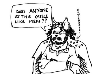 anthro asking beard crossed_arms crown facial_hair fur hair headgear homophobia male medieval_clothing mustache pointy_ears prick_ears simple_background solo speech_bubble text white_background mia_cain dietmar_von_ostermunz felid feline lynx mammal black_and_white english_text monochrome