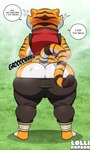 2024 absurd_res anthro big_butt bodily_fluids bottomwear butt butt_cleavage clothed clothing dialogue dreamworks english_text felid female hi_res huge_butt kung_fu_panda lollipopcon mammal master_tigress pantherine pants solo sweat sweatdrop sweaty_butt text tiger