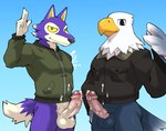 accipitrid accipitriform animal_crossing anthro apollo_(animal_crossing) avian bald_eagle bird bodily_fluids bottomless canid canine canis censored clothed clothing countershading cum cum_on_clothing cum_on_penis duo eagle erection foreskin genital_fluids genitals greeting hi_res humanoid_genitalia humanoid_penis ineffective_censorship lobo_(animal_crossing) male mammal nintendo penis sea_eagle shirako wolf