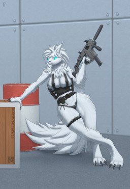 anthro areola belt big_breasts breast_squish breasts clothed clothing female glowing glowing_eyes gun inside kriss_vector leaning_on_object panties qr_code ranged_weapon skimpy solo squish submachine_gun thick_thighs thigh_strap topwear underwear vest weapon testowepiwko gunsaw scav_prototype gunsawian milky_(gunsaw) hi_res