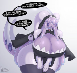 anthro big_breasts biped bodily_fluids breasts clothed clothing dialogue female huge_breasts legwear multicolored_body nun purple_body simple_background solo speech_bubble sweat sweaty_breasts text thigh_highs snackbunnii nintendo pokemon mumu_(muroo) ruru_(muroo) generation_8_pokemon hisuian_form hisuian_goodra pokemon_(species) regional_form_(pokemon) hi_res