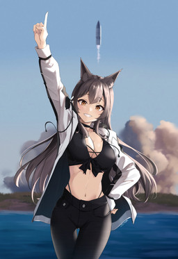 black_bottomwear black_clothing black_pants bottomwear bra breasts brown_eyes choker clothing female gesture hair hand_gesture hand_on_hip hoodie jewelry long_hair navel necklace pants pointing pointing_up rocket smile solo topwear underwear steeb26 azur_lane spacex spacex_starship atago_(azur_lane) animal_humanoid canid canid_humanoid humanoid mammal mammal_humanoid absurd_res hi_res