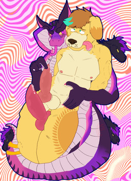animal_genitalia animal_penis anthro anthro_on_anthro anthro_penetrated anthro_penetrating blonde_hair bodily_fluids canine_genitalia canine_penis cum drooling duo ejaculation forked_tongue genital_fluids genitals green_eyes hair living_hair living_tail male male/male nipples penetration penis pink_body precum pseudo_hair purple_body purple_eyes saliva scales scaly_tail sex snake_hair snake_tail tail tongue unusual_anatomy unusual_tail yellow_body nicoysita bird_dog canid canine canis domestic_dog golden_retriever hunting_dog labrador mammal reptile retriever scalie snake absurd_res digital_media_(artwork) hi_res
