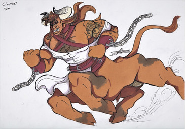 balls belt black_sclera brown_body brown_fur chain clothing collar cuff_(restraint) fur genitals handcuffs horn male metal_cuffs muscular muscular_male red_eyes restraints robe running scar shackles solo tattoo underbite friskyhellspawn bovid bovine mammal taur