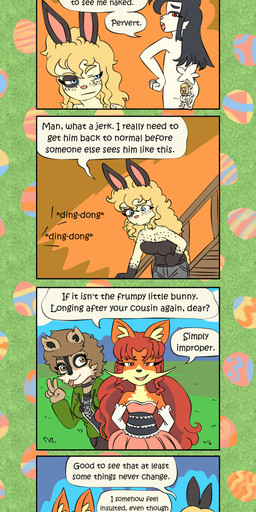 alternate_universe annoyed anthro black_eyebrows black_hair black_nose black_spots black_top blonde_eyebrows blonde_hair blue_eyes bottomwear breasts brown_body brown_bottomwear brown_clothing brown_eyebrows brown_eyes brown_fur brown_hair brown_jeans brown_pants butt calling_pervert casual_nudity choker clothing creative_censorship denim denim_bottomwear denim_clothing dialogue doorbell dress easter_egg egg evening_gloves eyebrows eyelashes eyeliner female flat_chested fur gesture gloves green_hood grey_bottomwear grey_clothing grey_jeans grey_pants group hair hand_gesture hands_on_hips handwear holidays jeans jewelry long_hair makeup male markings multicolored_body multicolored_fur necklace nude nude_male onomatopoeia open_mouth open_smile orange_body orange_eyes orange_fur pants pink_clothing pink_dress pink_nose rabbit_ears raised_eyebrow rear_view red_eyebrows red_eyes red_hair shoulderless_dress smile smug smug_expression smug_face sound_effects speech_bubble spots spotted_body spotted_fur tail talking_to_another tan_body tan_fur teasing text tongue tongue_out two_tone_body two_tone_fur v_sign white_body white_clothing white_fur white_gloves white_handwear white_tail young young_anthro young_female young_male bisonvega easter bunny_boy_(bisonvega) cousin_bunny_(bisonvega) fox_girl_(bisonvega) raccoon_gal_(bisonvega) canid canine fox lagomorph leporid mammal procyonid rabbit raccoon 2026 absurd_res censored comic english_text hi_res cousins_(lore)