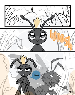 2_antennae 3_fingers 4_legs ambiguous_gender antennae_(anatomy) bald black_antennae buckteeth crossed_arms crown dialogue dirty eyelashes female fingers frown grass grumpy headgear mouth_closed narrowed_eyes nude onomatopoeia outside plant quadruped round_head ruff smile sound_effects speech_bubble teeth text torn_wing wounded twincupcakes disney hoppers_(disney) pixar ant_queen_(hoppers) titus_(hoppers) ant arthropod butterfly hymenopteran insect lepidopteran monarch_butterfly taur absurd_res comic english_text hi_res restricted_palette