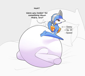 ambiguous_gender bed belly big_belly big_butt butt dialogue furniture hair hair_over_eye huge_belly huge_butt hyper hyper_belly hyper_butt hyper_pear looking_at_viewer lying lying_on_bed monobutt on_back on_bed pseudo_hair pseudo_hair_over_eye sassy smug smug_face solo stats talking_to_viewer text chocomintshake nintendo pokemon gallade generation_4_pokemon humanoid pokemon_(species) shiny_pokemon 2025 absurd_res english_text hi_res