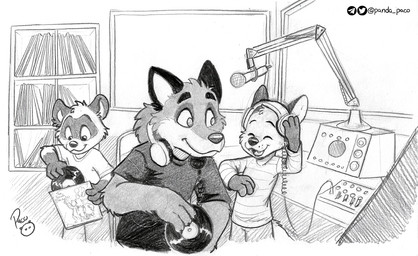 anthro cheek_tuft closed_smile clothed clothing electronics facial_tuft glistening glistening_eyes group happy head_tuft headphones male microphone mouth_closed open_mouth open_smile shirt sitting smile standing t-shirt topwear trio tuft vinyl_record young young_anthro young_male pandapaco art_(pandapaco) biro_(pandapaco) canid canine mammal procyonid raccoon monochrome