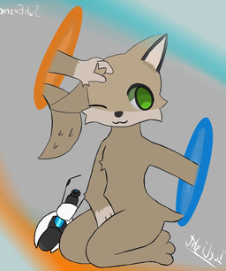 3_fingers 3_toes :3 anthro cheek_tuft ear_markings facial_markings facial_tuft feet fingers fluffy fluffy_tail fur gloves_(marking) green_eyes head_markings headpat kneeling male markings non-euclidean nude nude_anthro nude_male one_eye_closed petting petting_self portal portal_gun simple_background sitting_on_knees smile solo tail tan_body tan_fur thinking_with_portals toes tuft icelight portal_(series) valve avery_(suheugene) canid canine fennec_fox fox mammal true_fox digital_media_(artwork) hi_res signature