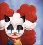 anthro big_hair black_eyeshadow black_horn blue_background clown clown_costume clown_makeup clown_nose ears_down eyelashes eyeshadow female front_view fur hair head_tuft horn looking_at_viewer makeup pivoted_ears red_hair simple_background solo tan_body tan_fur tuft white_body white_fur drawchills idw_publishing sega sonic_the_hedgehog_(comics) sonic_the_hedgehog_(idw) sonic_the_hedgehog_(series) lanolin_the_sheep_(sonic) bovid caprine mammal sheep