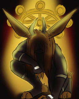 anthro backlighting big_ears bodysuit clothing fingerless_bodysuit head_bow horn kneeling light male markings parasite skinsuit solo striped_markings stripes tight_clothing yellow_glow templar_ponyboy jujutsu_kaisen agent_fleetfoot_(templar_ponyboy) maddison_jack_(templar_ponyboy) mahoraga animate_inanimate domestic_rabbit flemish_giant lagomorph leporid living_clothing mammal oryctolagus rabbit hi_res lighting
