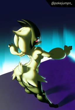 anthro big_butt black_claws blue_background breasts butt claws eyelashes female fur green_body green_fur looking_at_viewer looking_back looking_back_at_viewer mask pink_eyes rear_view simple_background solo thick_thighs wide_hips pokejumpn nintendo pokemon generation_9_pokemon meowscarada pokemon_(species) absurd_res hi_res