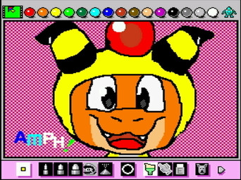 ambiguous_gender anthro art_program_in_frame clothing fangs looking_at_viewer orange_body screencap simple_background solo teeth rodricoro mario_paint nintendo pokemon amphy ampharos generation_2_pokemon generation_5_pokemon pokemon_(species) scraggy digital_media_(artwork) dithering headshot_portrait mario_paint_(artwork) portrait