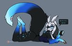 5_fingers anthro black_body black_fur blue_eyes breasts butt clothed clothing dialogue eyewear female fingers fur glasses hair holding_object horn lying on_front simple_background solo text white_hair psychorodent lillian_(psychorodent) snatyr 14:9 english_text hi_res