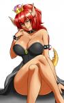 alternate_species big_breasts breasts cleavage clothed clothing collar crossed_legs crossgender crown dark_body dark_skin female hair headgear mtf_crossgender red_hair solo spiked_collar spikes super_crown zantyarz bowsette_meme mario_bros nintendo bowser animal_humanoid humanoid koopa scalie meme