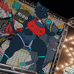 air_guitar anthro anthrofied big_breasts black_body black_fur blue_body blue_fur bottomwear breasts cleavage clothed clothing collar crop_top eyes_closed female fingernails fur glowing glowing_body glowing_fur grey_body grey_fur hotpants nails open_mouth pawpads shirt shorts slightly_chubby solo stage thick_thighs topwear whiskers roflfox_(artist) lewdssonk_(modeler) hi-fi_rush microsoft tango_gameworks 808_(hi-fi_rush) chai_(hi-fi_rush) domestic_cat felid feline felis mammal 1:1 2025 3d_(artwork) blender_(artwork) cel_shading digital_media_(artwork) hi_res shaded