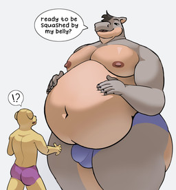 anthro belly big_belly big_butt big_moobs big_muscles big_pecs biped bulge butt clothing detailed_bulge dialogue dominant duo huge_belly huge_butt huge_moobs huge_pecs hyper hyper_belly male male/male male_anthro moobs muscular navel nipples obese obese_anthro obese_male overweight overweight_anthro overweight_male pecs size_difference speech_bubble text thick_thighs underwear weight_difference buxim canid canine canis common_hippopotamus domestic_dog hippopotamid mammal english_text hi_res