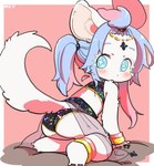 anthro blue_eyes blue_hair blush chibi clothed clothing female fur hair kemono looking_back lying showing_butt simple_background solo tail white_body white_fur young bojiku husamochi_coo canid canine canis mammal wolf digital_media_(artwork) hi_res