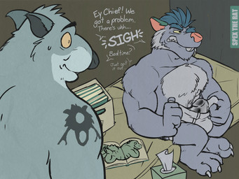 3_toes anthro bed black_nose briefs caught_in_the_act caught_masturbating clothing dialogue duo erection feet fur furniture genitals grey_body grey_fur male masturbation penis pink_nose sitting solo tattoo text toes underwear spectral-bat brok_the_investigator cowcat_games generic_rat_(brok_the_investigator) squealers_chief mammal murid murine rat rodent 2025 4:3 english_text hi_res