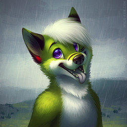 anthro black_nose detailed_background fangs fur glistening glistening_eyes green_body green_fur hair happy looking_at_viewer male nude open_mouth open_smile outside pupils purple_eyes purple_pupils raining smile solo teeth text tongue tongue_out white_body white_fur white_hair mylafox canid canine canis mammal wolf 1:1 2017 bust_portrait detailed icon portrait url