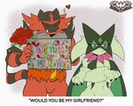 annoyed anthro bouquet breasts crossed_arms duo female flower flower_bouquet fur green_body green_fur male mask muscular muscular_male plant proposal red_body red_fur sign simple_background smile teeth text knightmoonlight98 nintendo pokemon felid feline generation_7_pokemon generation_9_pokemon incineroar mammal meowscarada pokemon_(species) digital_media_(artwork) english_text hi_res spanish_text