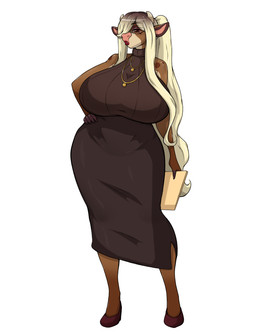 2_horns anthro big_breasts biped breasts butt eyewear female glasses hair hair_over_eye holding_object horn huge_breasts jewelry necklace simple_background solo wide_hips jludragoon bovid bovine cattle mammal
