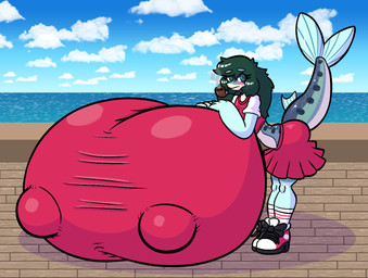 anthro big_breasts blush boardwalk bottomwear breasts clothing cloud eyelashes female fish_tail footwear green_eyes green_hair hair half-closed_eyes huge_breasts hyper hyper_breasts markings narrowed_eyes nipple_outline non-mammal_breasts outside pipe sea shirt shoes shortstack skirt slim smoking_pipe solo spots spotted_markings teal_body topwear water sprucy aquatic fish sardine
