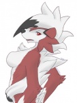 anthro black_nose breasts female fur generation_7_pokemon looking_at_viewer lycanroc midnight_lycanroc multicolored_body multicolored_fur nintendo nude open_mouth pokemon pokemon_(species) red_body red_eyes red_fur simple_background solo white_background white_body white_fur xan_(pixiv)