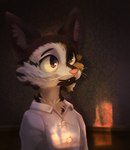 anthro clothed clothing female fully_clothed fur green_eyes mottled piebald solo whiskers carleaux_(artist) netflix the_house_(netflix) rosa_(the_house) calico_cat domestic_cat felid feline felis mammal digital_media_(artwork) hi_res portrait three-quarter_portrait