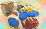 anthro bodily_fluids breasts dialogue furrowed_eyebrows glistening glistening_body hammer laugh looking_at_viewer male moobs nipples overweight overweight_male smile solo sweat tools debudraws kirby_(series) nintendo king_dedede avian bird hi_res