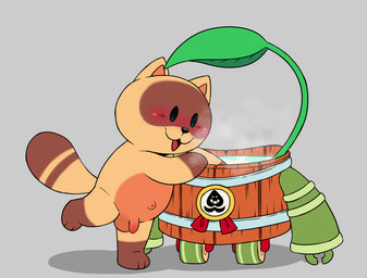 animal_genitalia anthro balls bath blush brown_body brown_fur chibi fur genitals leaf male nude penis simple_background solo steam tail tanuki_sprout ijpalette-color brawl_stars supercell_(company) sprout_(brawl_stars) canid canine mammal raccoon_dog tanuki digital_media_(artwork)