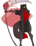 anthro big_breasts biped bone breasts clothed clothing electricity enchanted_weapon featureless_breasts female huge_breasts melee_weapon polearm red_electricity scythe skull solo standing weapon wide_hips coffeesheizen felid mammal