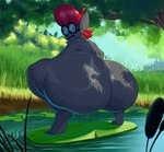 amphibian anthro big_butt black_body butt eyewear female flower frog glasses hair hi_res huge_butt humanoid plant rear_view red_hair solo thick_thighs vanillabeangoat water water_lily